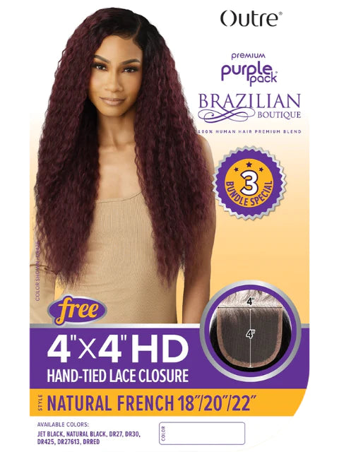 Outre Premium Human Hair Weave Blend - Natural French 18" 20" 22" + 4x4 HD Hand-Tied Lace Closure - Elevate Styles