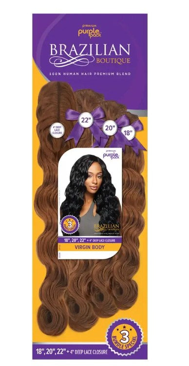 Purple Pack Brazilian Boutique 3 BUNDLE + Closure Virgin Body 18" 20" 22"