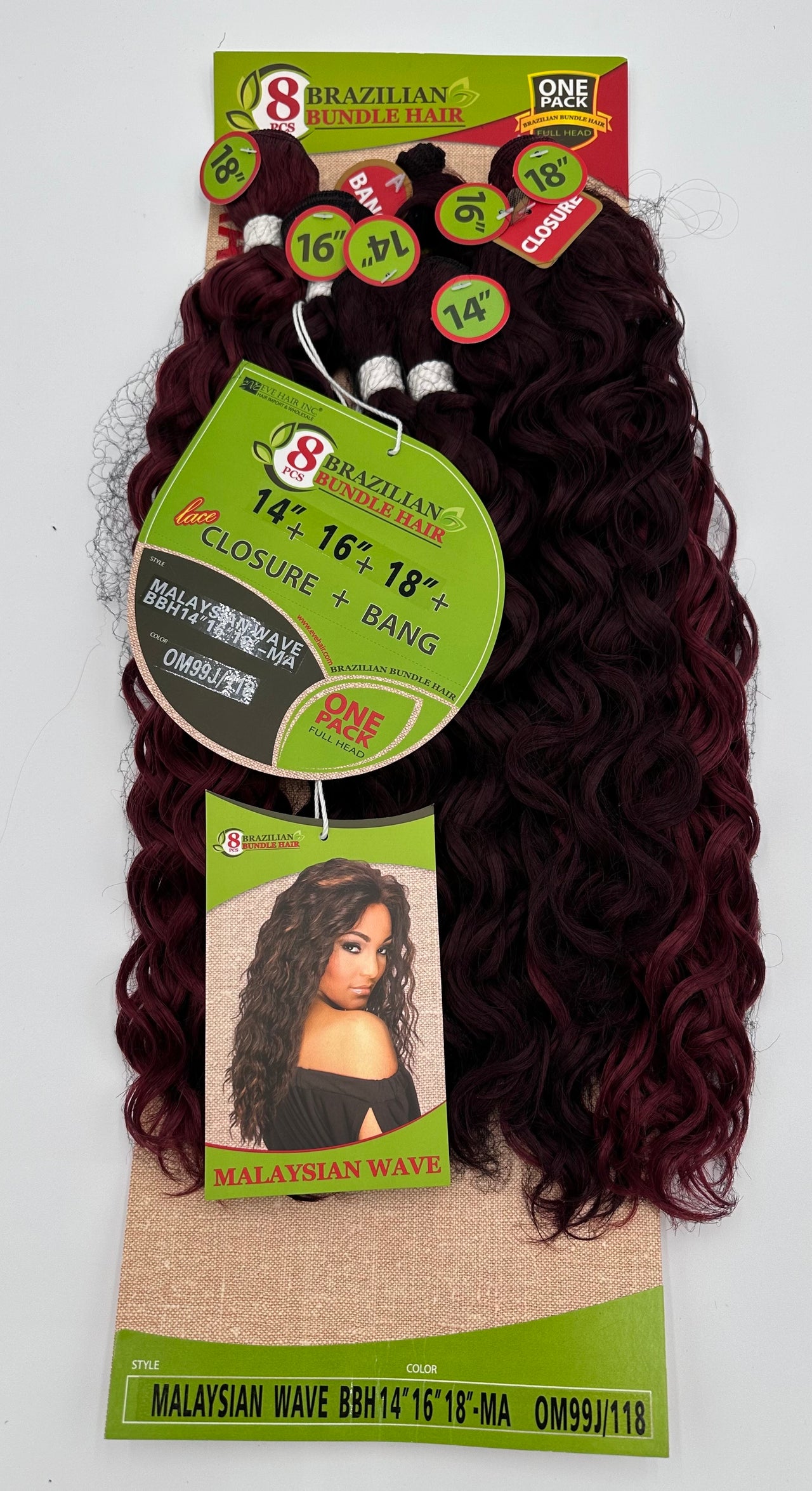 Brazilian Bundle Hair 8 Pcs - Malaysian Wave 14", 16", 18" with Closure & Bang - OM99J/118 - Elevate Styles