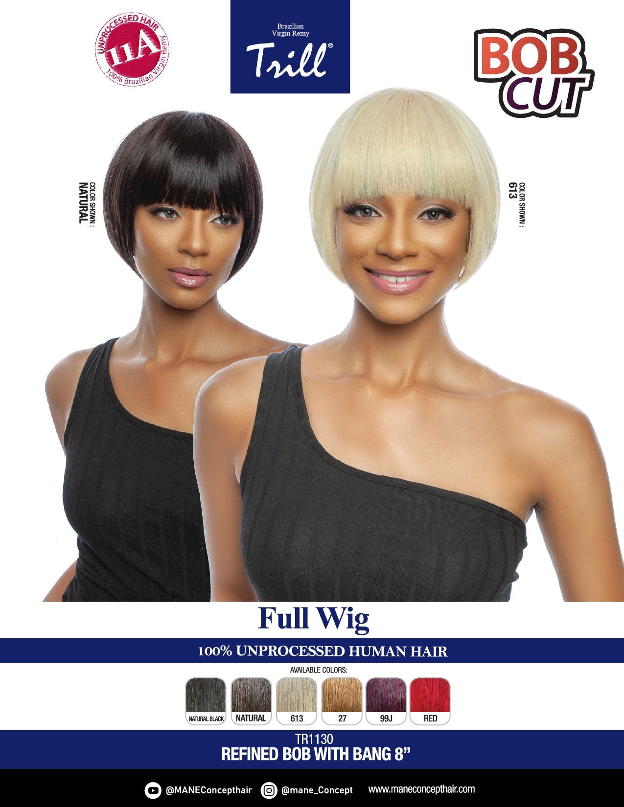 Mane Concept 11A 100% Unprocessed Human Hair Refined Bob With Bang 8" TR1130 - Elevate Styles