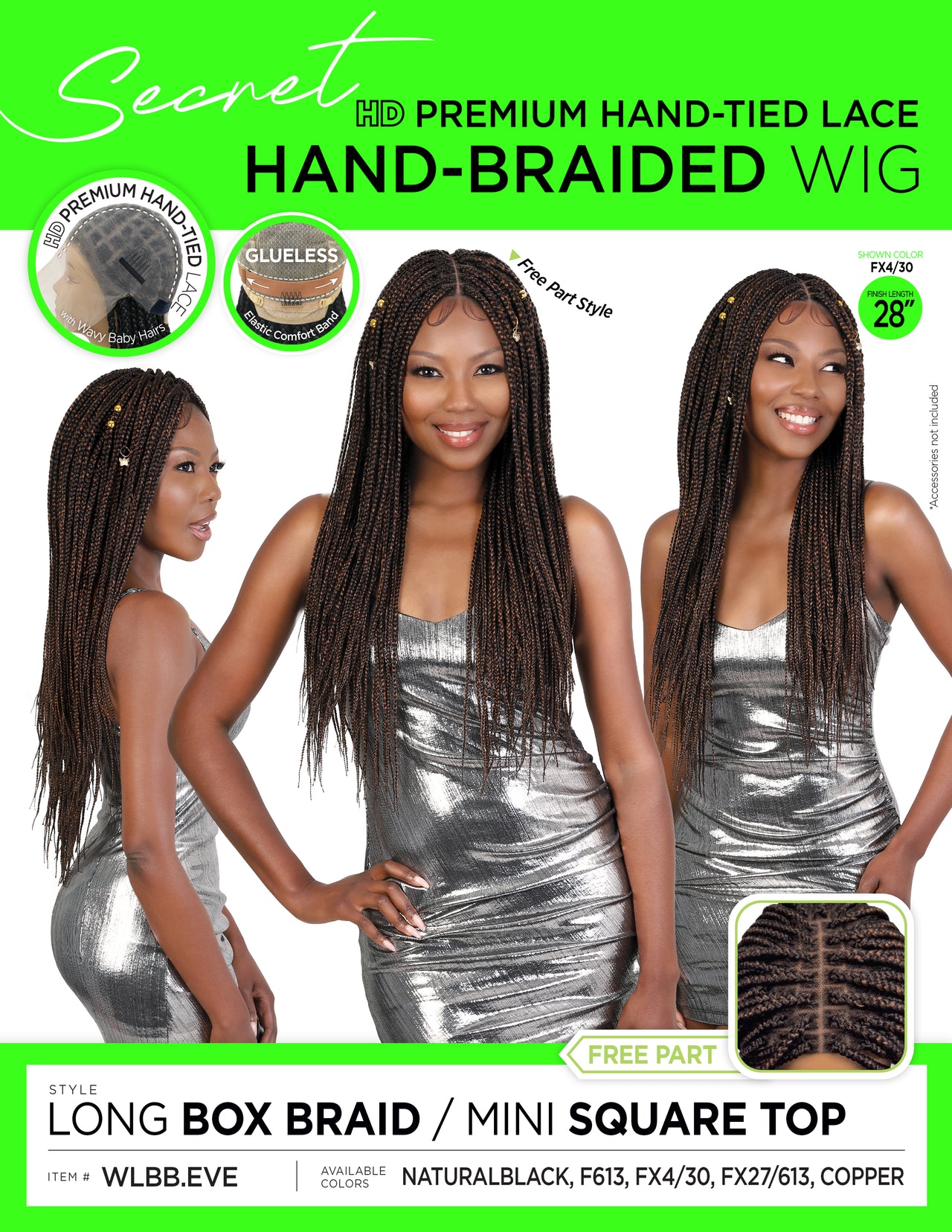 Motown Tress HD LONG BOX BRAID Mini Square Top Lace Front Wig WLBB.EVE