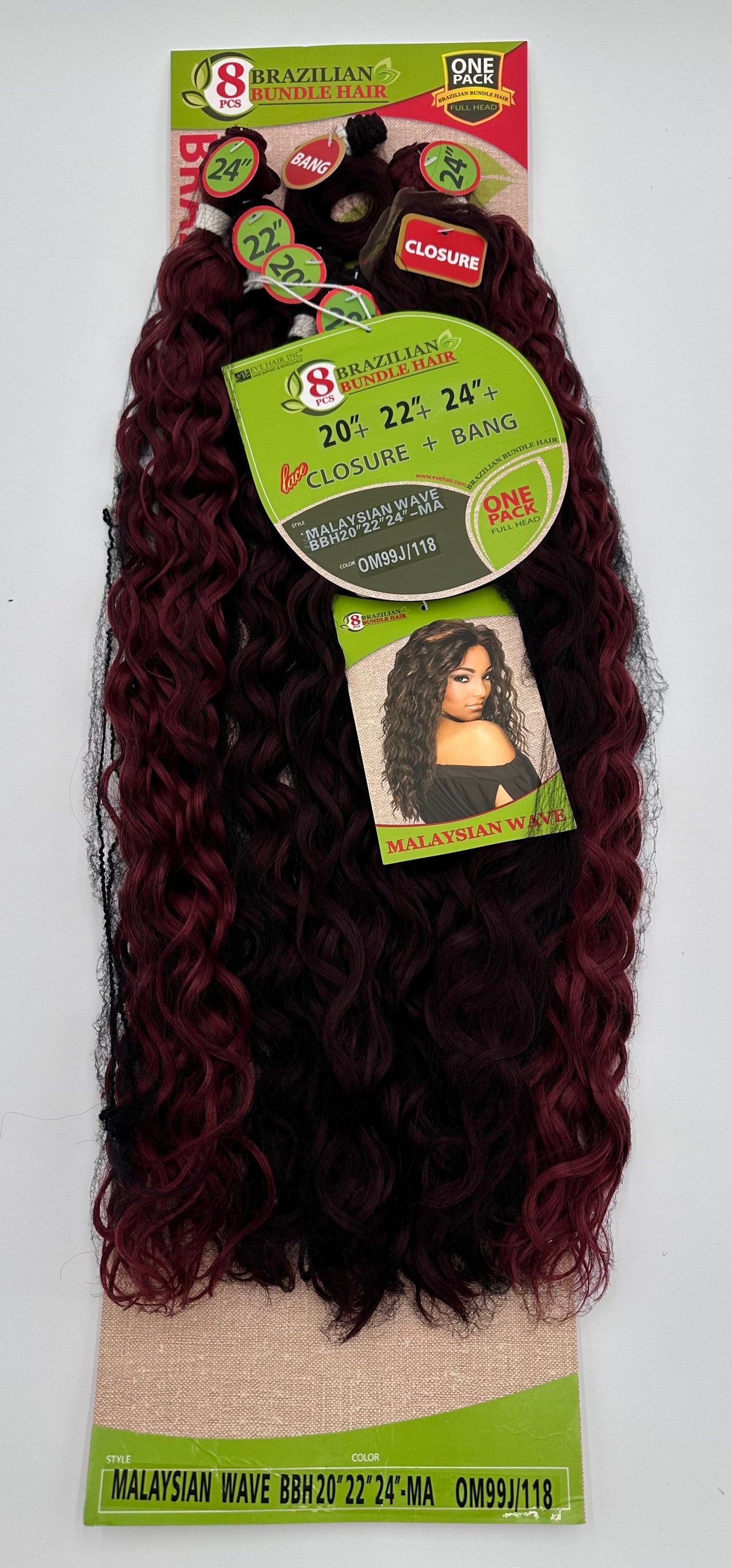 Brazilian Bundle Hair 8 Pcs - Malaysian Wave 20", 22", 24" with Closure & Bang - OM99J/118 - Elevate Styles