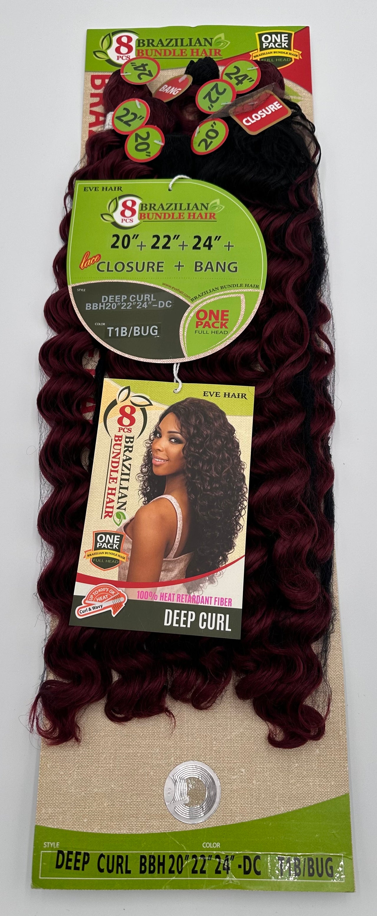 Brazilian Bundle Hair 8 Pcs - Deep Curl 20", 22", 24" with Closure & Bang - T1B/BUG - Elevate Styles