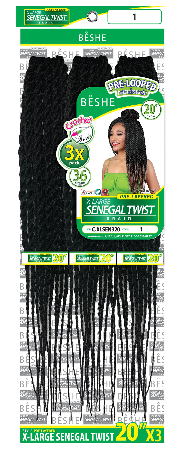 Beshe Crochet 3x Braid Pre-Looped Bulk 20" X-Large SENEGAL TWIST Braid C.XLSEN320 - Elevate Styles