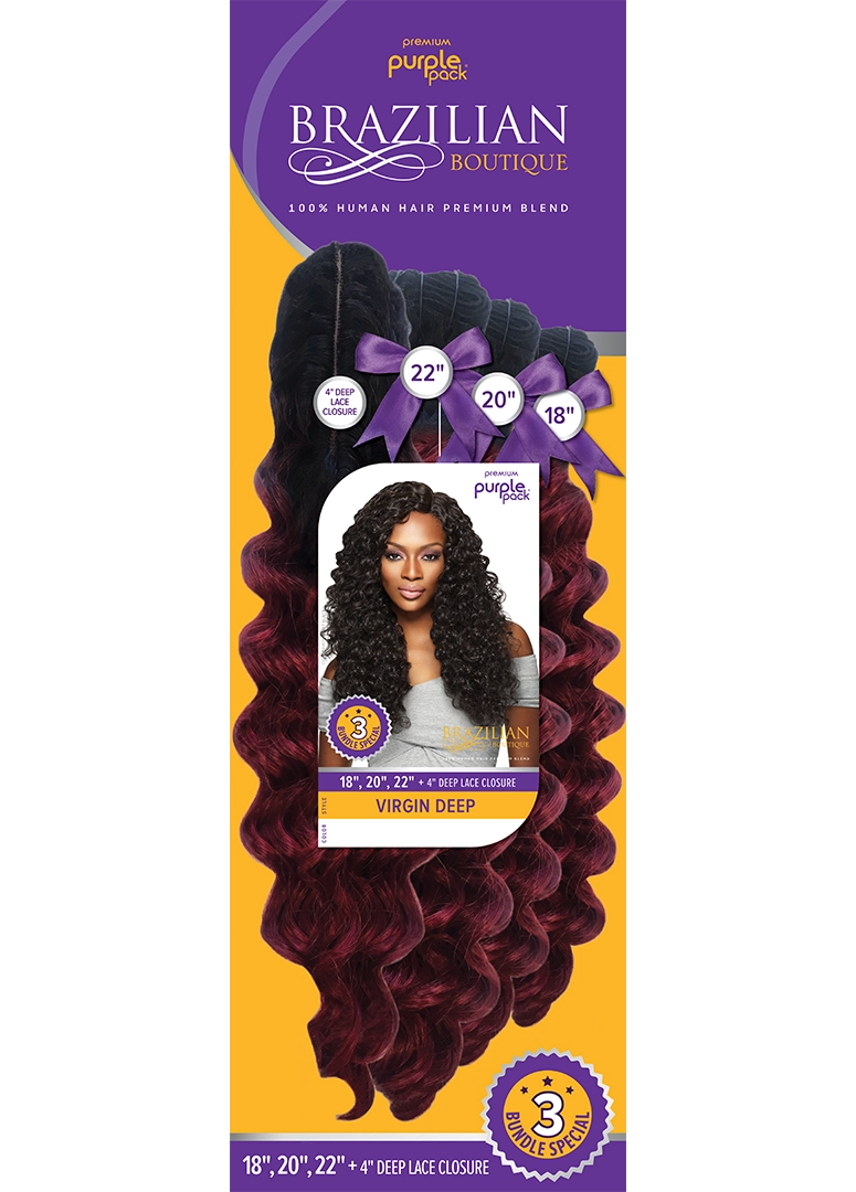 Purple Pack Brazilian Boutique 3 BUNDLE + Closure Virgin Deep 18" 20" 22" - Elevate Styles