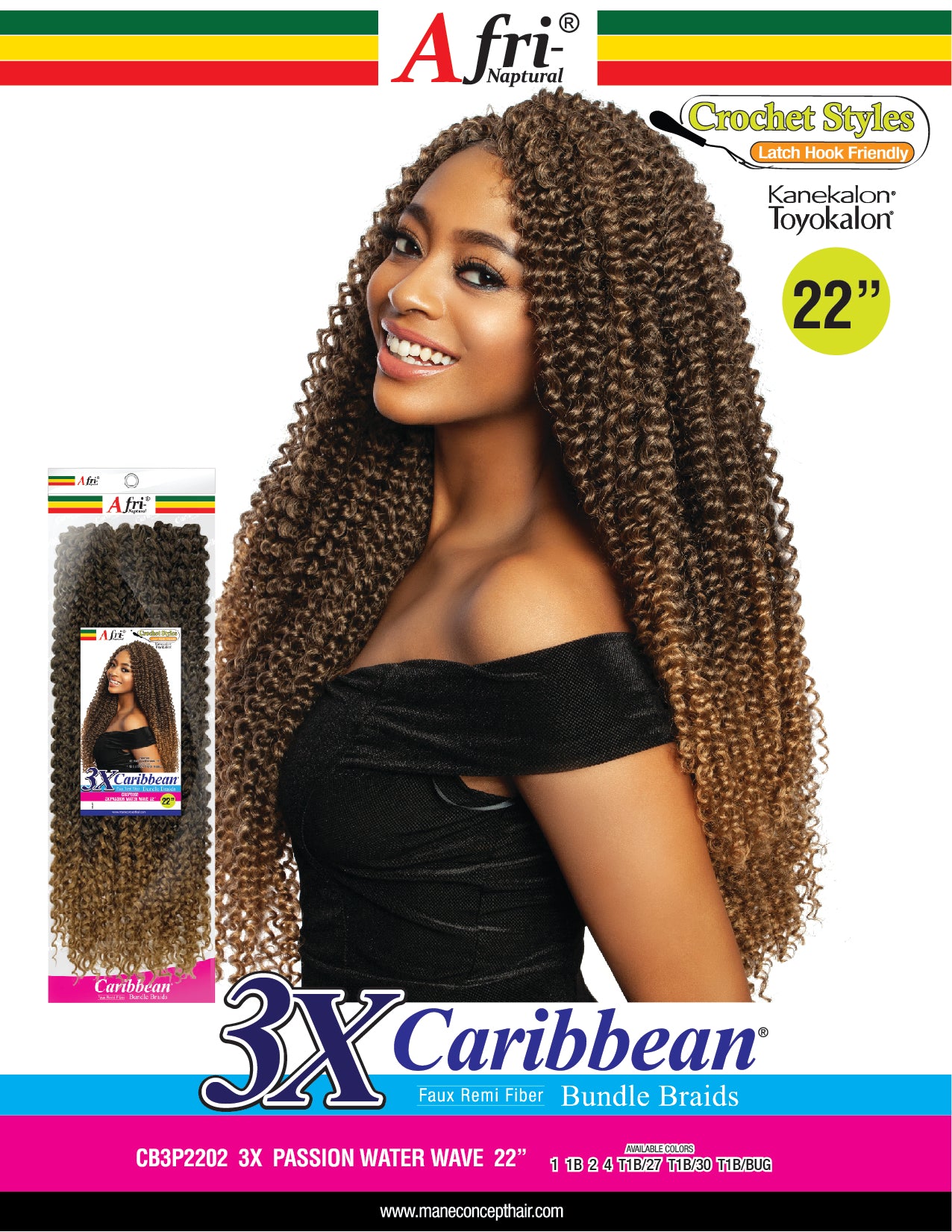 Mane Concept Afri Naptural Caribbean Crochet Braid 3x Passion Water Wave 22" CB3P2202 - Elevate Styles