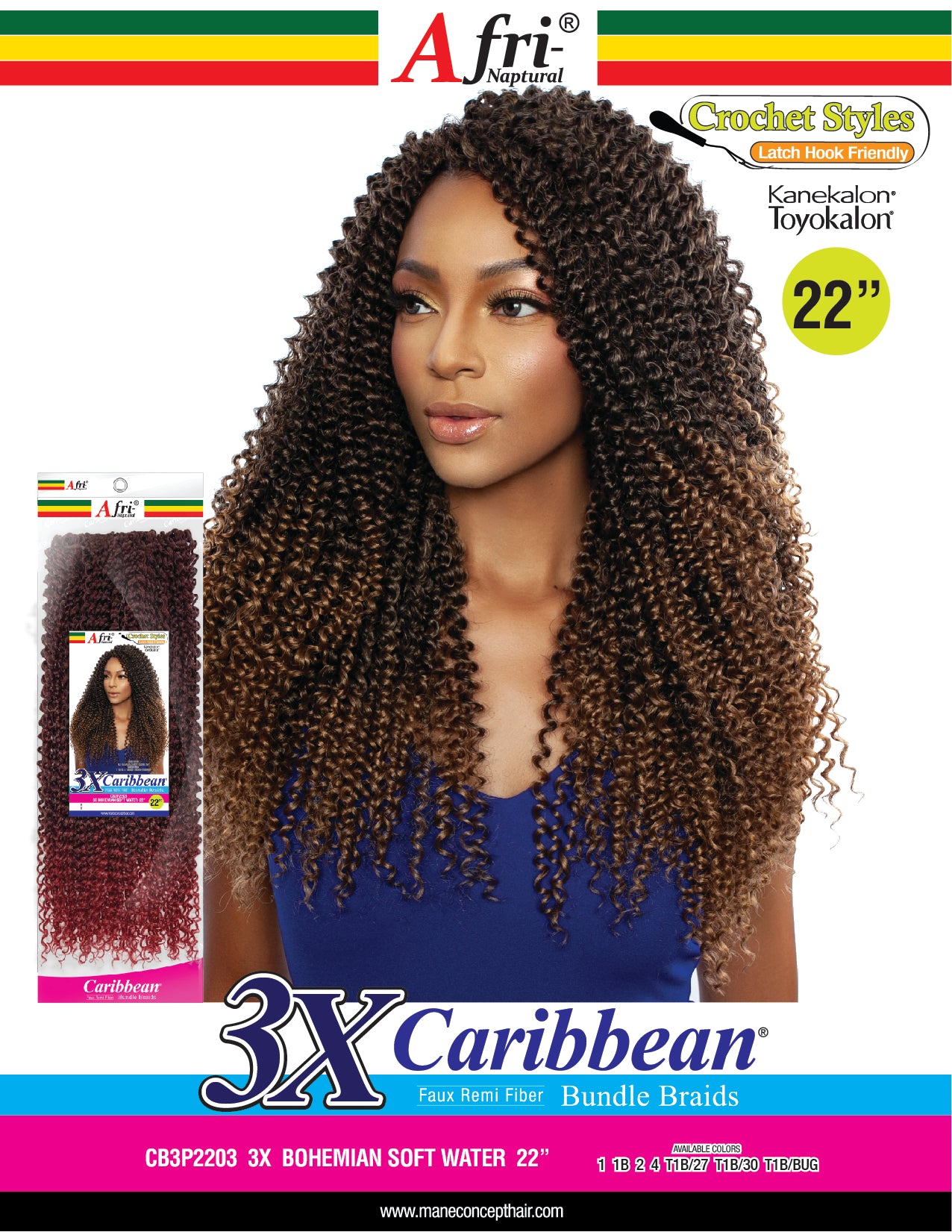 Mane Concept Afri Naptural Caribbean Crochet Braid 3x Bohemian Soft Water 22" CB3P2203 - Elevate Styles